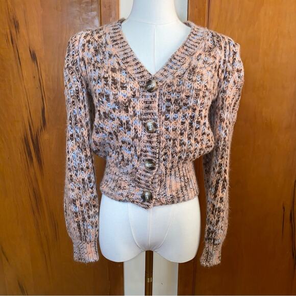 Astr Pastel Pink Blue Cardigan Sweater V-Neck Chunky Knit Woven Button Cottage - Picture 1 of 11